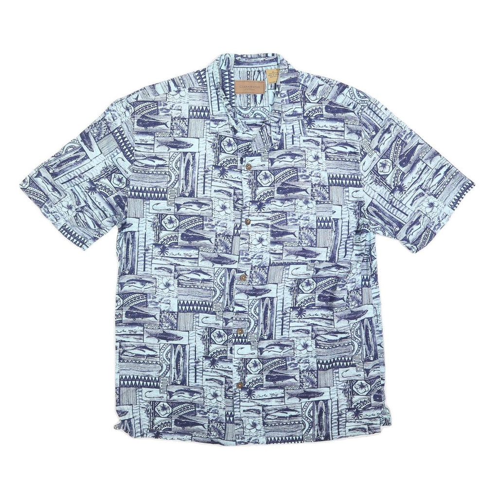 CLEARWATER Mens Blue Patterned Casual Shirt XL Cotton Short Sleeve Summer