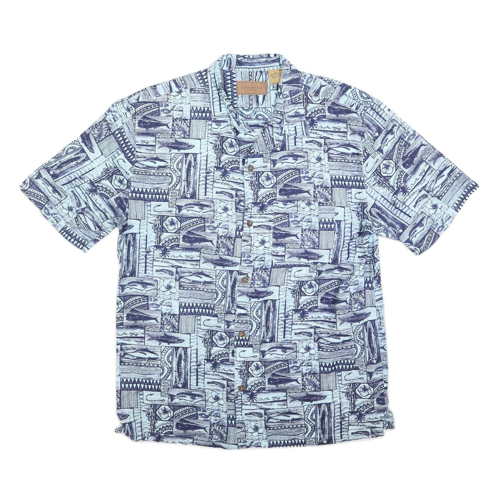 CLEARWATER Mens Blue Patterned Casual Shirt XL Cotton Short Sleeve Summer