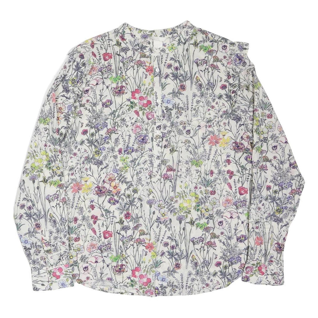 H&M Womens White Floral Print Long Sleeve Button Neck Top UK 16 Cotton Blend