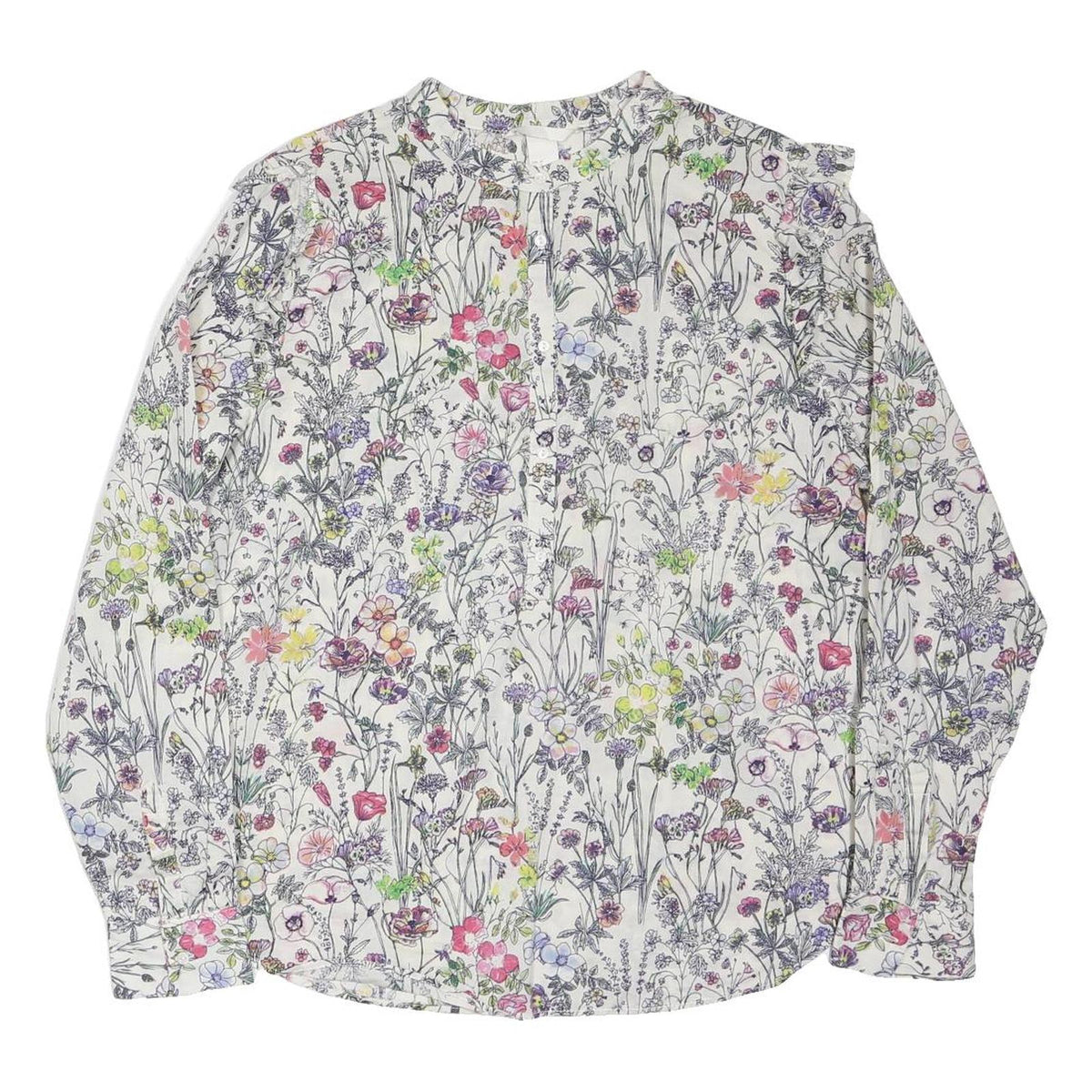 H&M Womens White Floral Print Long Sleeve Button Neck Top UK 16 Cotton Blend