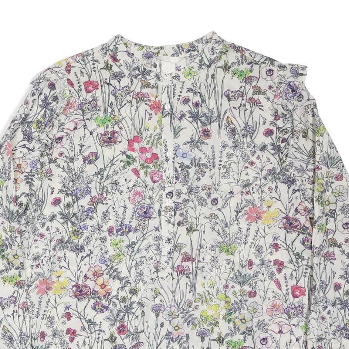 H&M Womens White Floral Print Long Sleeve Button Neck Top UK 16 Cotton Blend