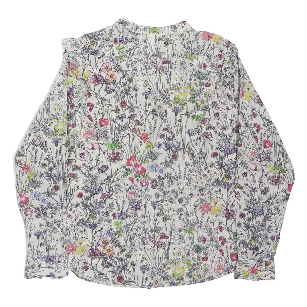 H&M Womens White Floral Print Long Sleeve Button Neck Top UK 16 Cotton Blend