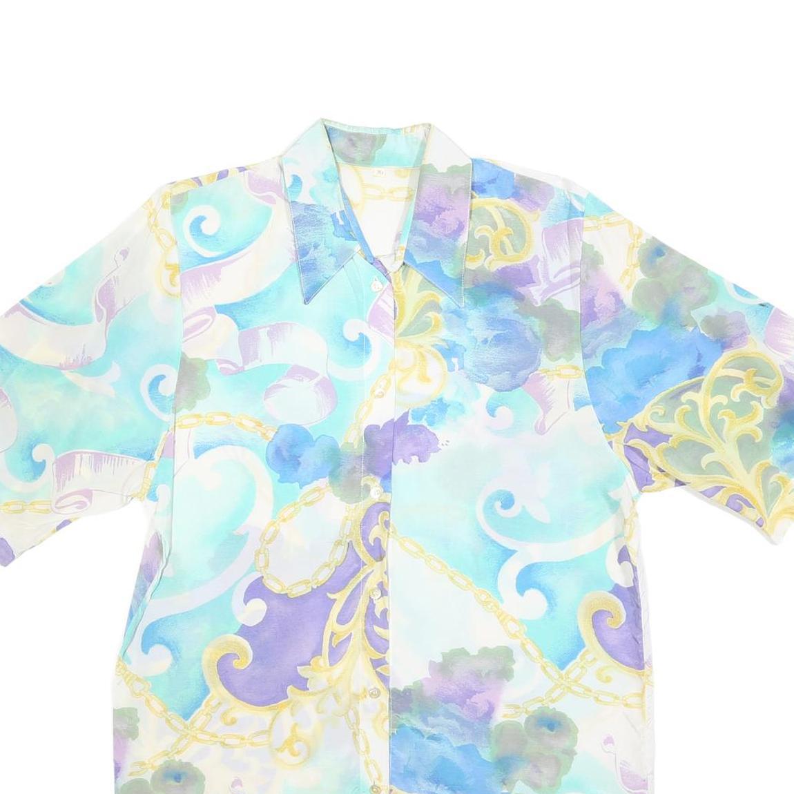 Womens Blue Cream Printed Shirt Short Sleeve Collared M Polyester Blend Casual