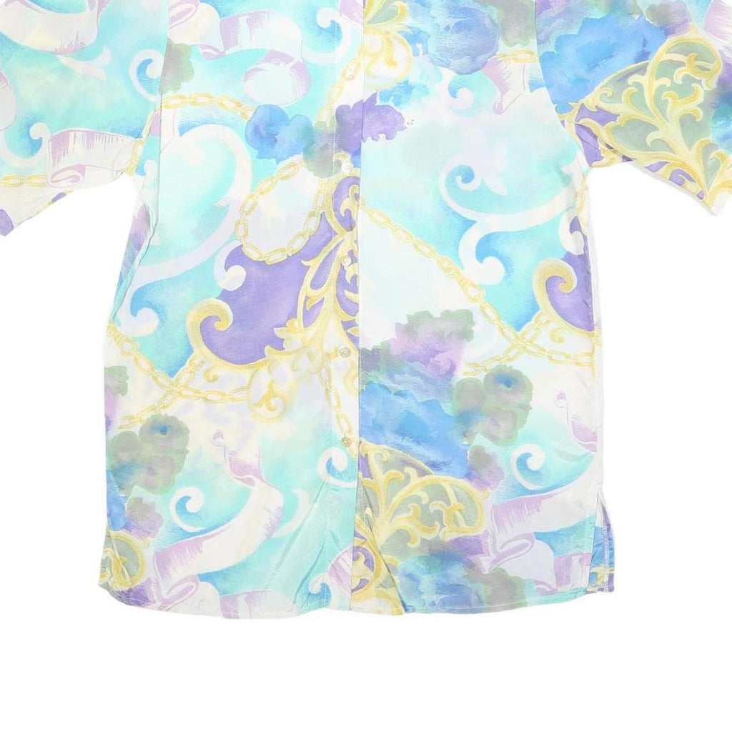 Womens Blue Cream Printed Shirt Short Sleeve Collared M Polyester Blend Casual