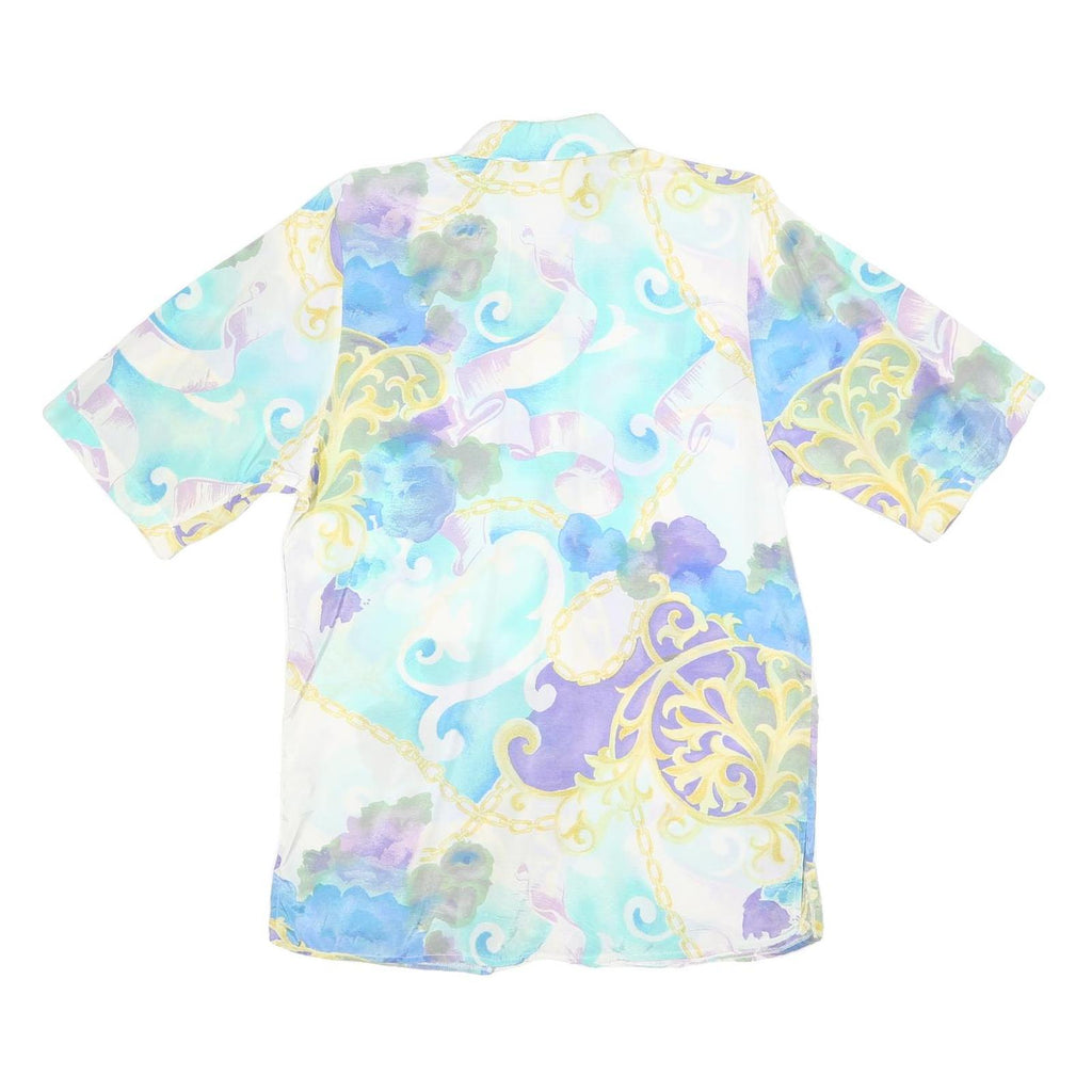 Womens Blue Cream Printed Shirt Short Sleeve Collared M Polyester Blend Casual