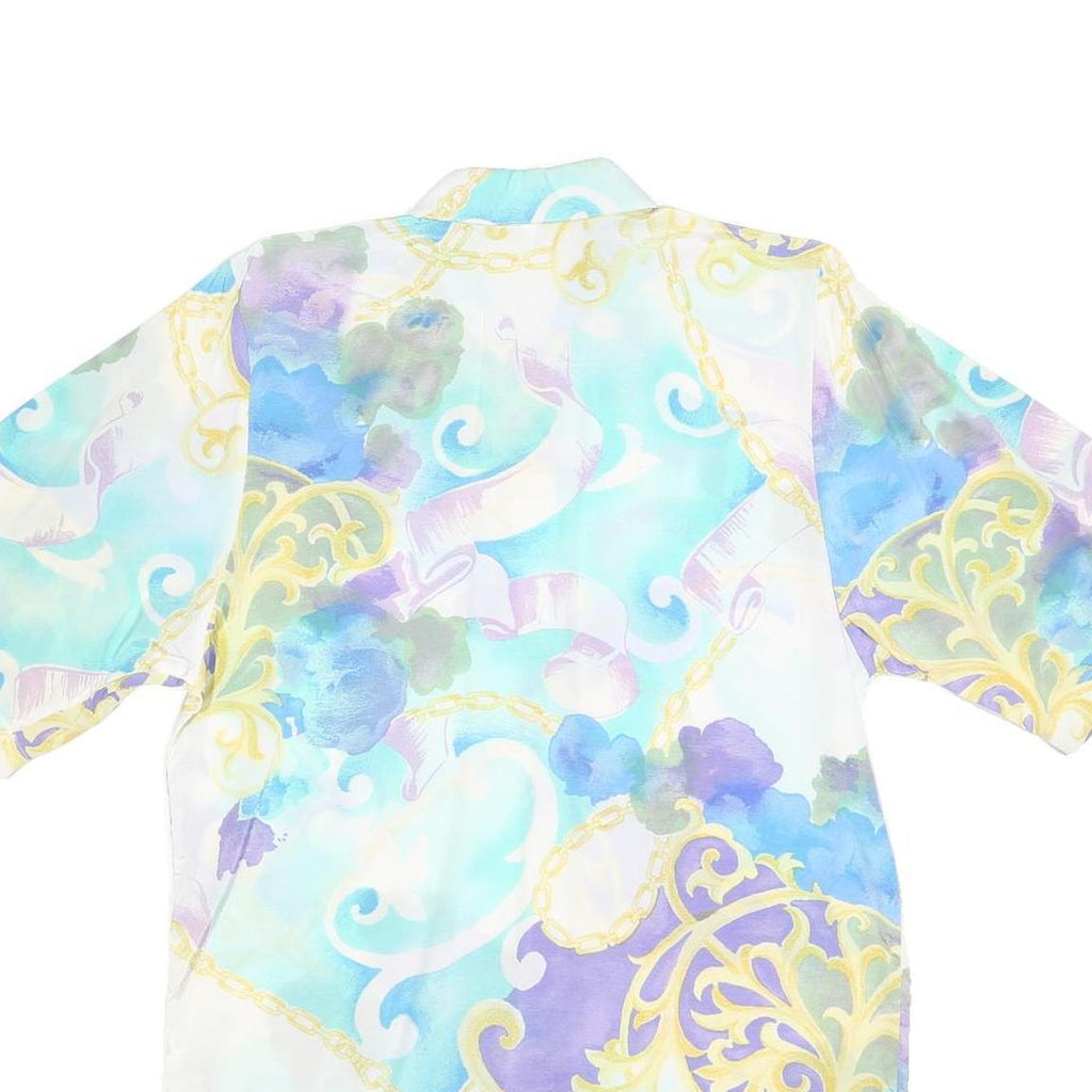 Womens Blue Cream Printed Shirt Short Sleeve Collared M Polyester Blend Casual