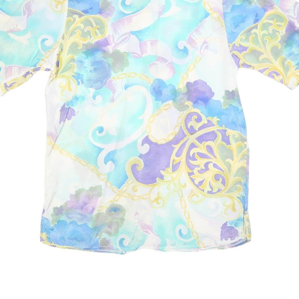 Womens Blue Cream Printed Shirt Short Sleeve Collared M Polyester Blend Casual