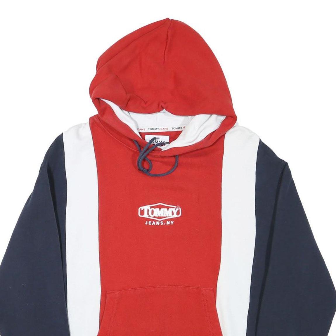 TOMMY HILFIGER Mens Red & White Navy Block Hoodie S Cotton Blend Casual