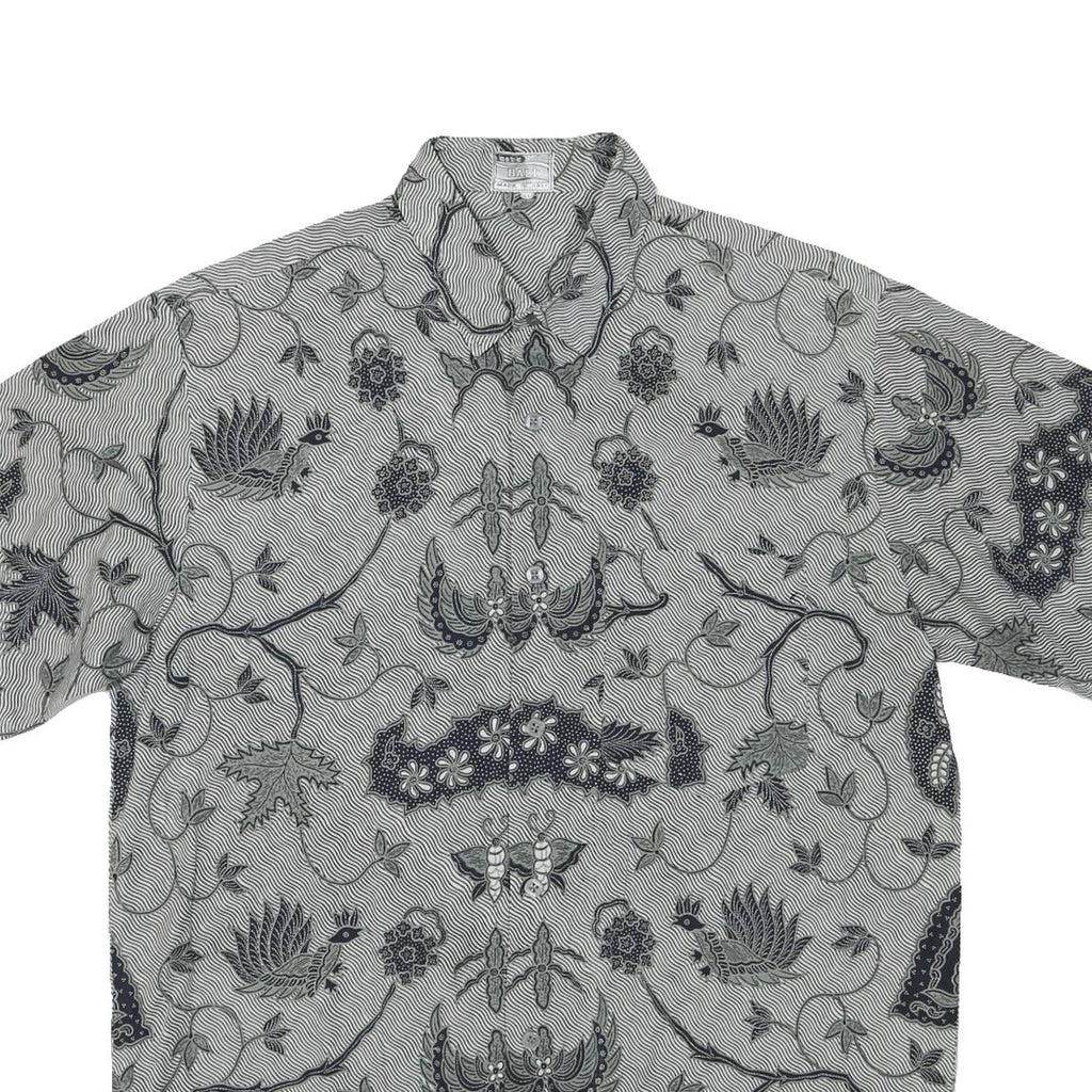 Mens Grey Black Cotton Blend Pattern Shirt L Short Sleeve Casual Beach Style