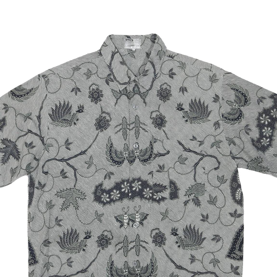 Mens Grey Black Cotton Blend Pattern Shirt L Short Sleeve Casual Beach Style