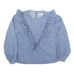 ZARA Womens Blue Cotton Blend Ruffle Detail Blouse Long Sleeve Round Neck S