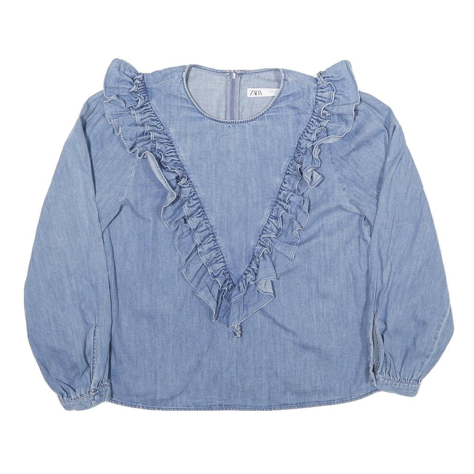 ZARA Womens Blue Cotton Blend Ruffle Detail Blouse Long Sleeve Round Neck S