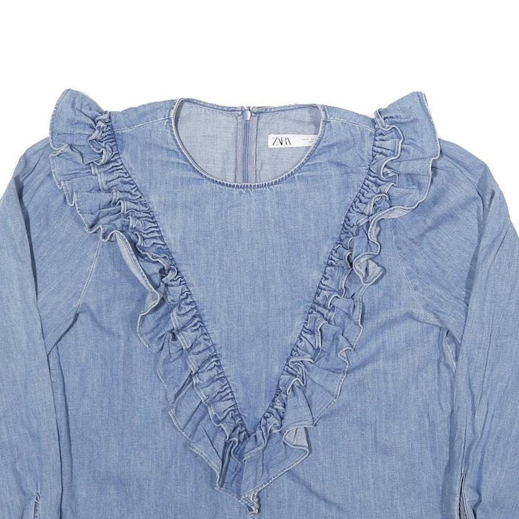 ZARA Womens Blue Cotton Blend Ruffle Detail Blouse Long Sleeve Round Neck S