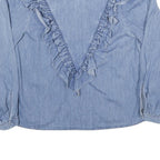 ZARA Womens Blue Cotton Blend Ruffle Detail Blouse Long Sleeve Round Neck S