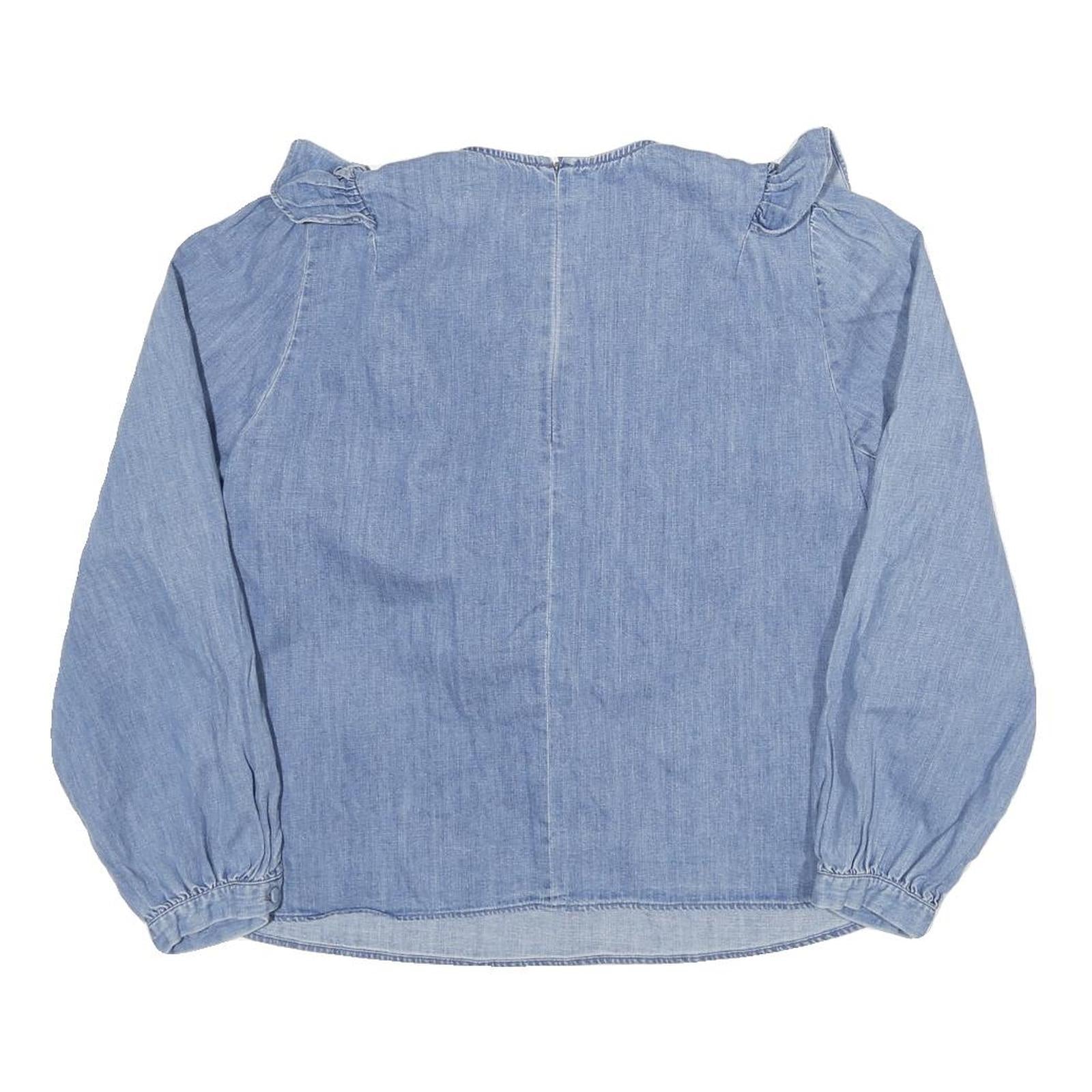 ZARA Womens Blue Cotton Blend Ruffle Detail Blouse Long Sleeve Round Neck S