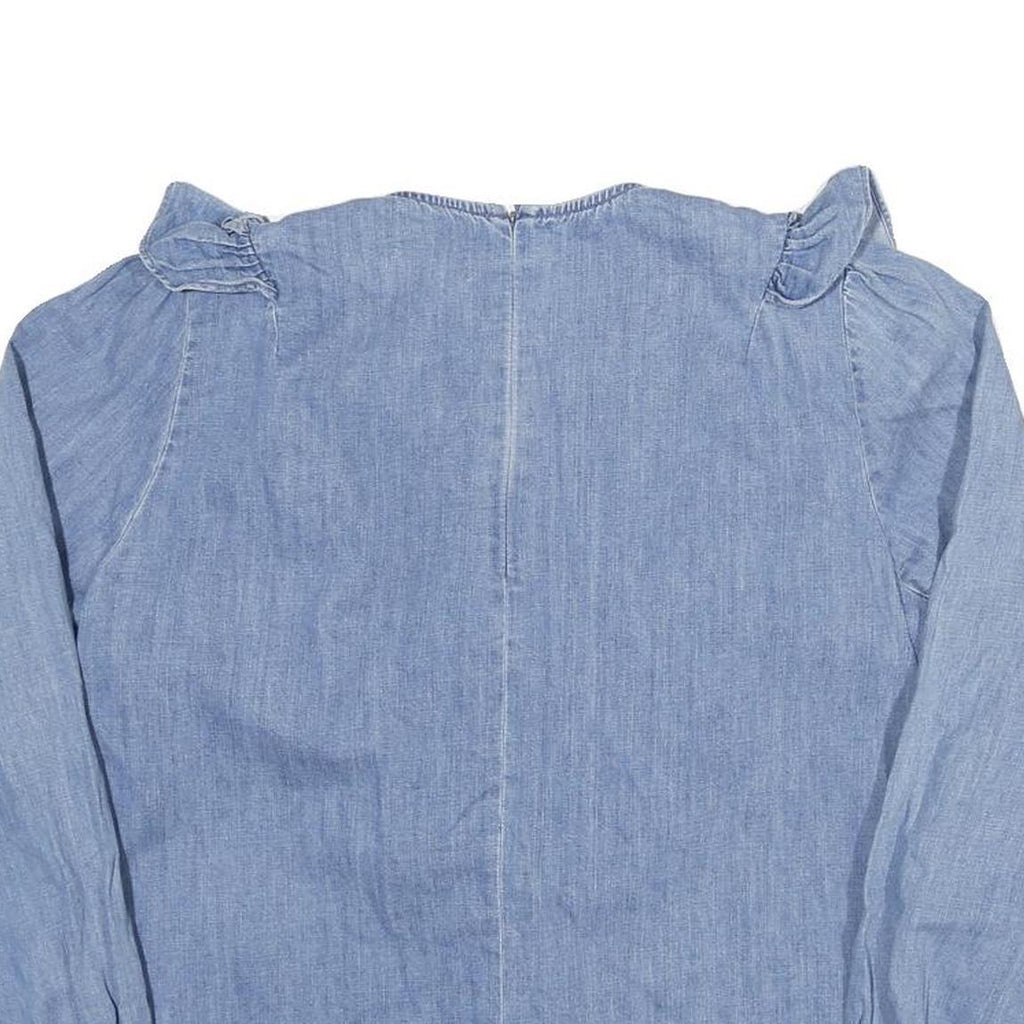 ZARA Womens Blue Cotton Blend Ruffle Detail Blouse Long Sleeve Round Neck S