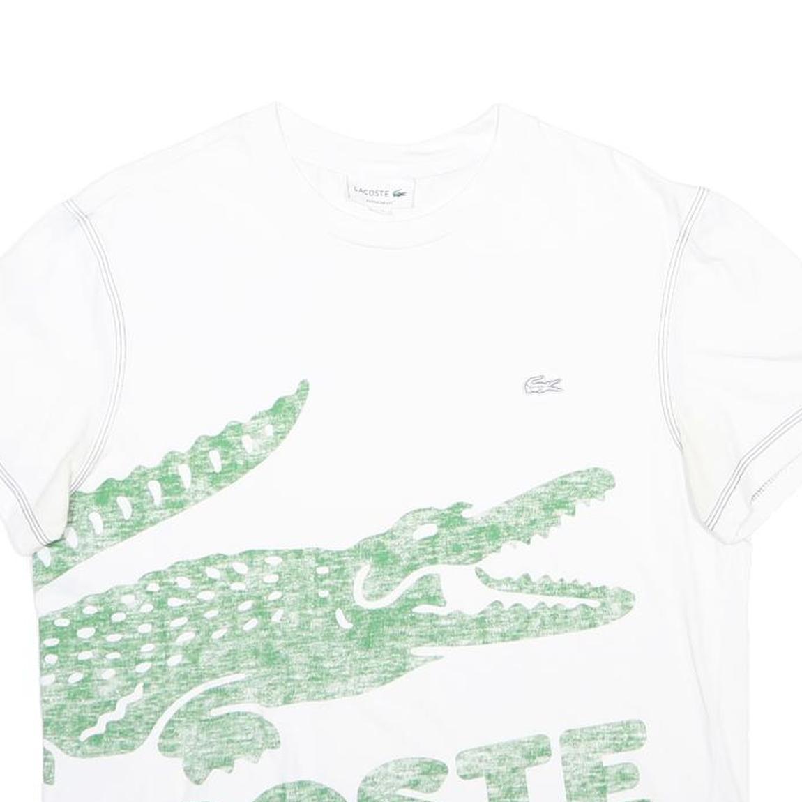 LACOSTE Mens White Green Graphic T-Shirt M Short Sleeve Crew Neck Casual
