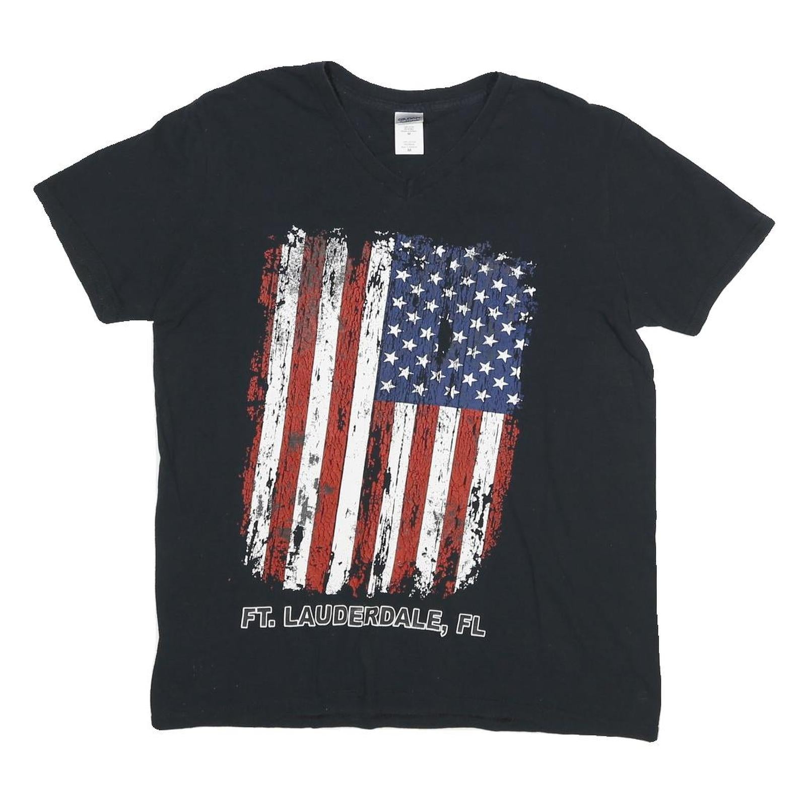 GILDAN Mens Black American Flag Graphic V-Neck T-Shirt M Short Sleeve Cotton