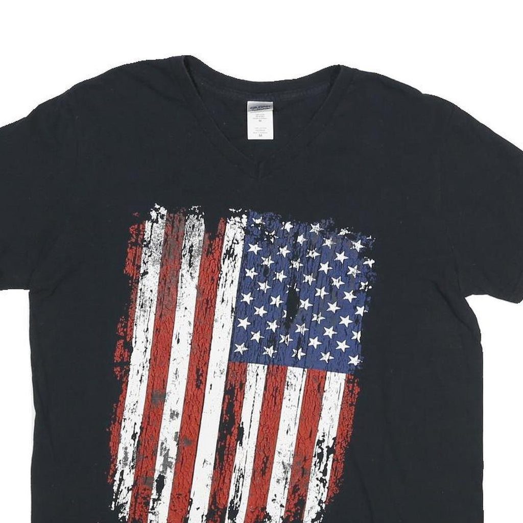 GILDAN Mens Black American Flag Graphic V-Neck T-Shirt M Short Sleeve Cotton
