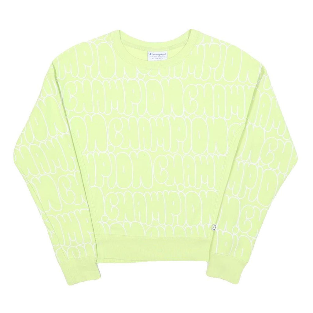 CHAMPION REVERSE WEAVE Womens Yellow Crew Neck S All Over Logo Print Sweatshirt