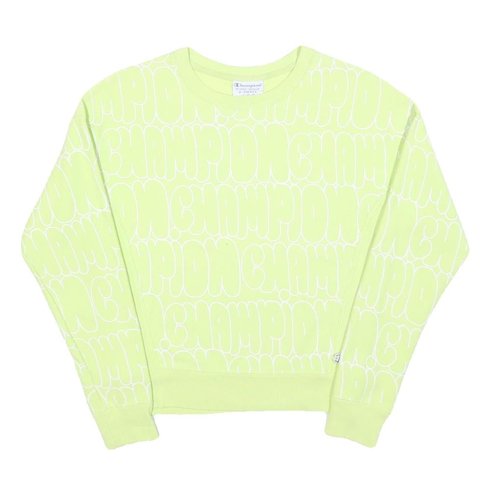 CHAMPION REVERSE WEAVE Womens Yellow Crew Neck S All Over Logo Print Sweatshirt