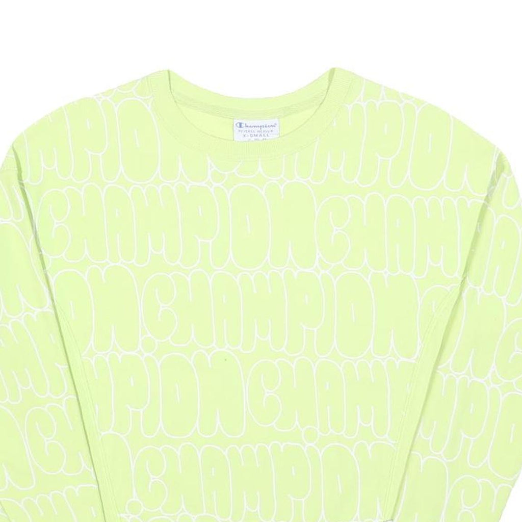 CHAMPION REVERSE WEAVE Womens Yellow Crew Neck S All Over Logo Print Sweatshirt