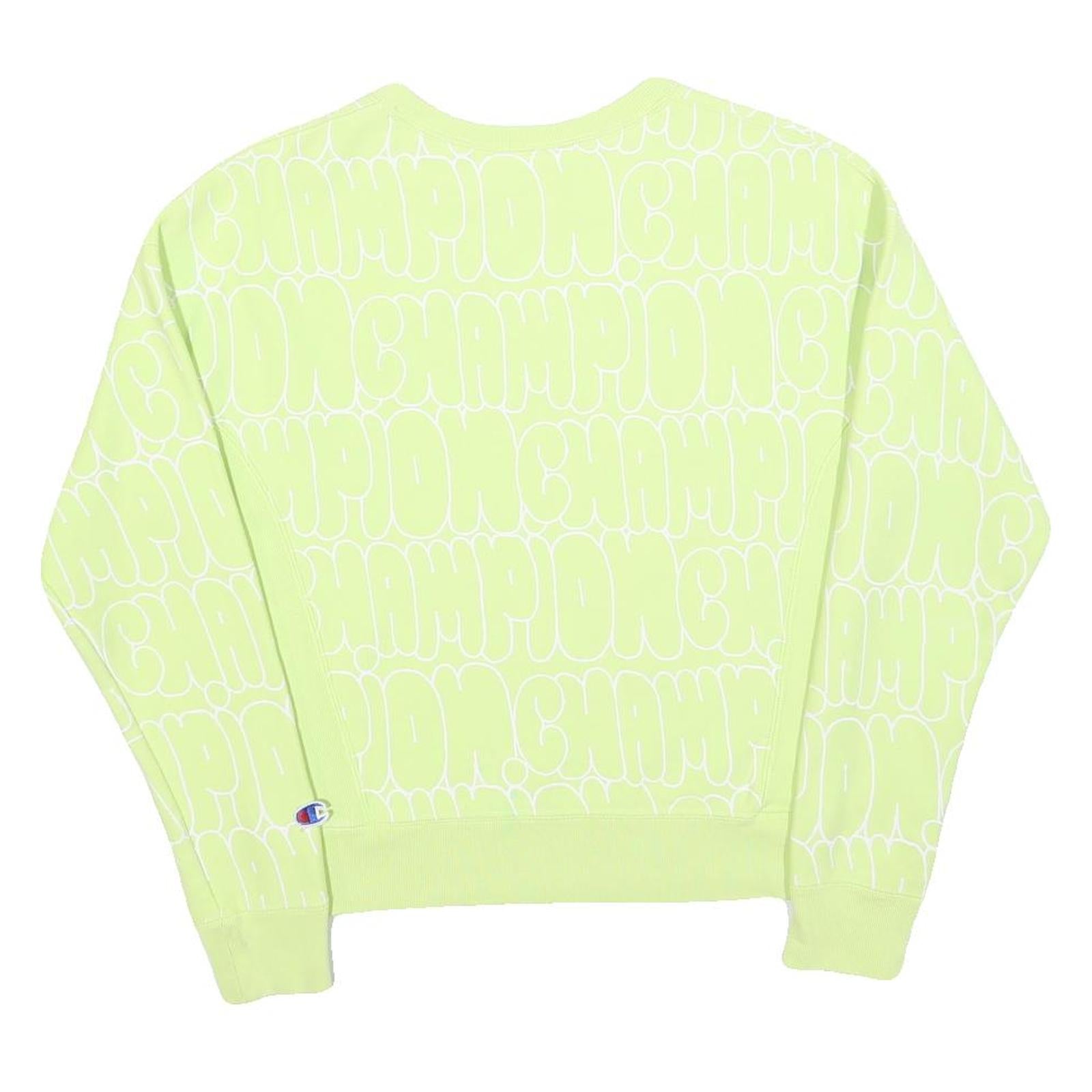 CHAMPION REVERSE WEAVE Womens Yellow Crew Neck S All Over Logo Print Sweatshirt