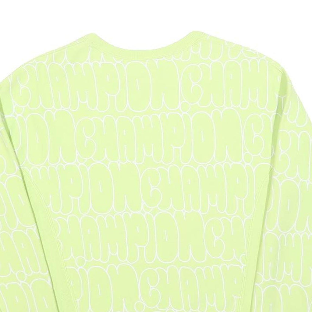 CHAMPION REVERSE WEAVE Womens Yellow Crew Neck S All Over Logo Print Sweatshirt