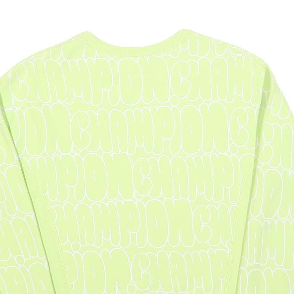 CHAMPION REVERSE WEAVE Womens Yellow Crew Neck S All Over Logo Print Sweatshirt