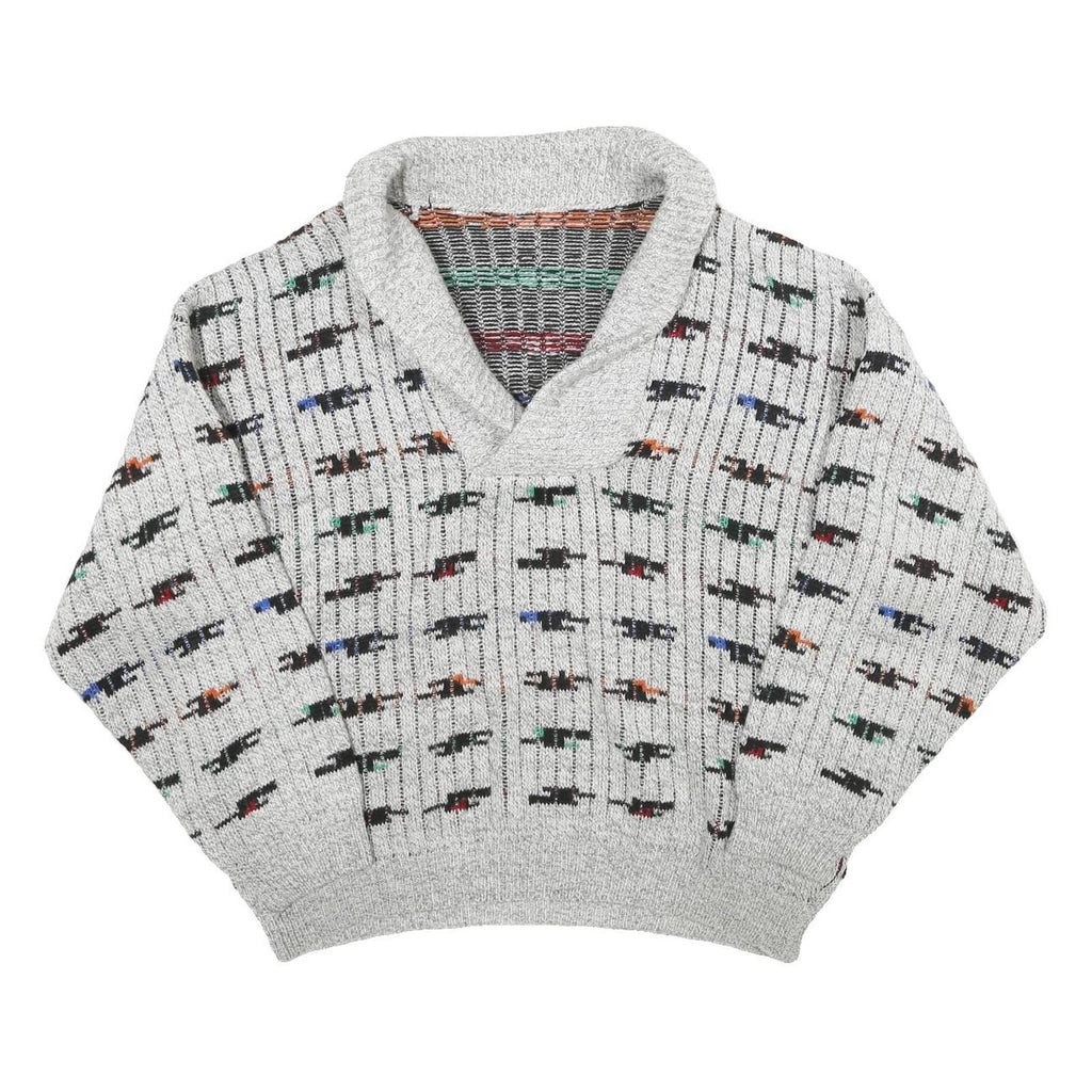 Mens Grey Patterned Wool Blend Jumper Shawl Collar Chunky Knit XL Winter Wear