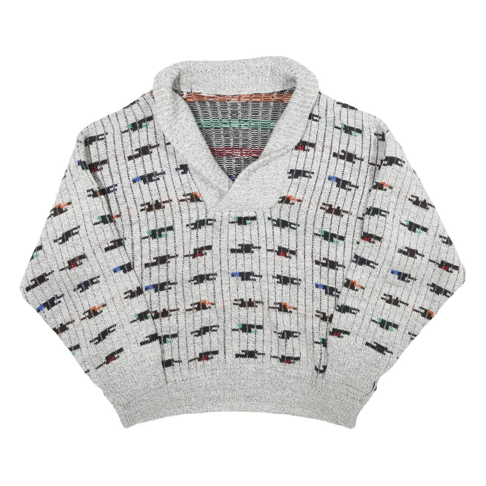 Mens Grey Patterned Wool Blend Jumper Shawl Collar Chunky Knit XL Winter Wear