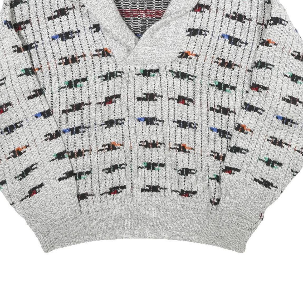 Mens Grey Patterned Wool Blend Jumper Shawl Collar Chunky Knit XL Winter Wear