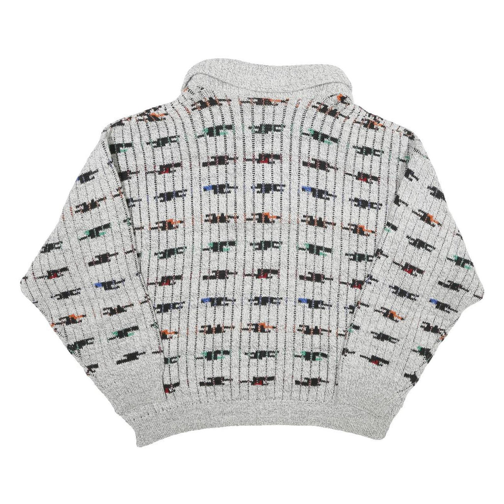 Mens Grey Patterned Wool Blend Jumper Shawl Collar Chunky Knit XL Winter Wear