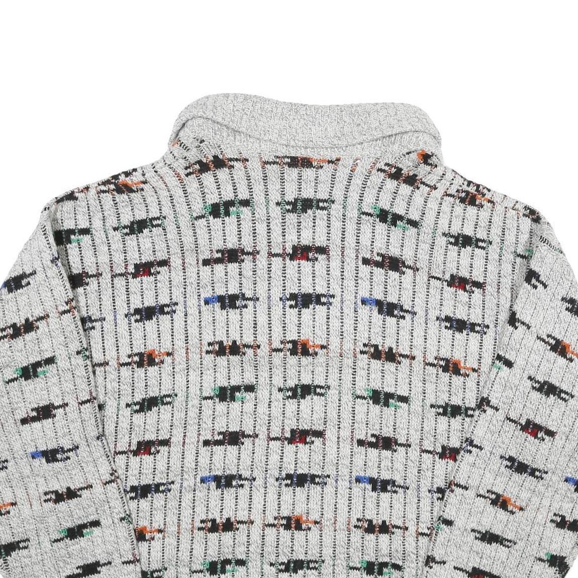 Mens Grey Patterned Wool Blend Jumper Shawl Collar Chunky Knit XL Winter Wear