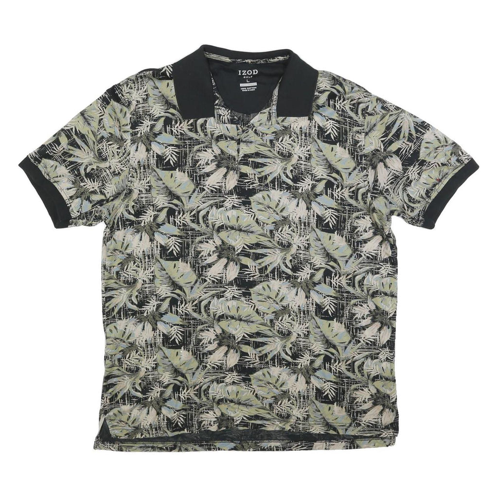 IZOD Mens Black & Grey Tropical Print Short Sleeve Polo Shirt L Casual Golf