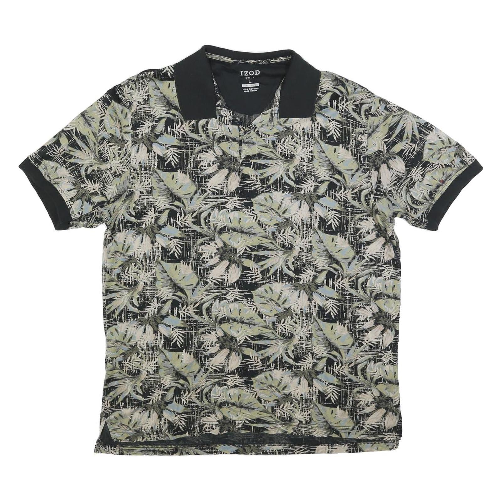 IZOD Mens Black & Grey Tropical Print Short Sleeve Polo Shirt L Casual Golf
