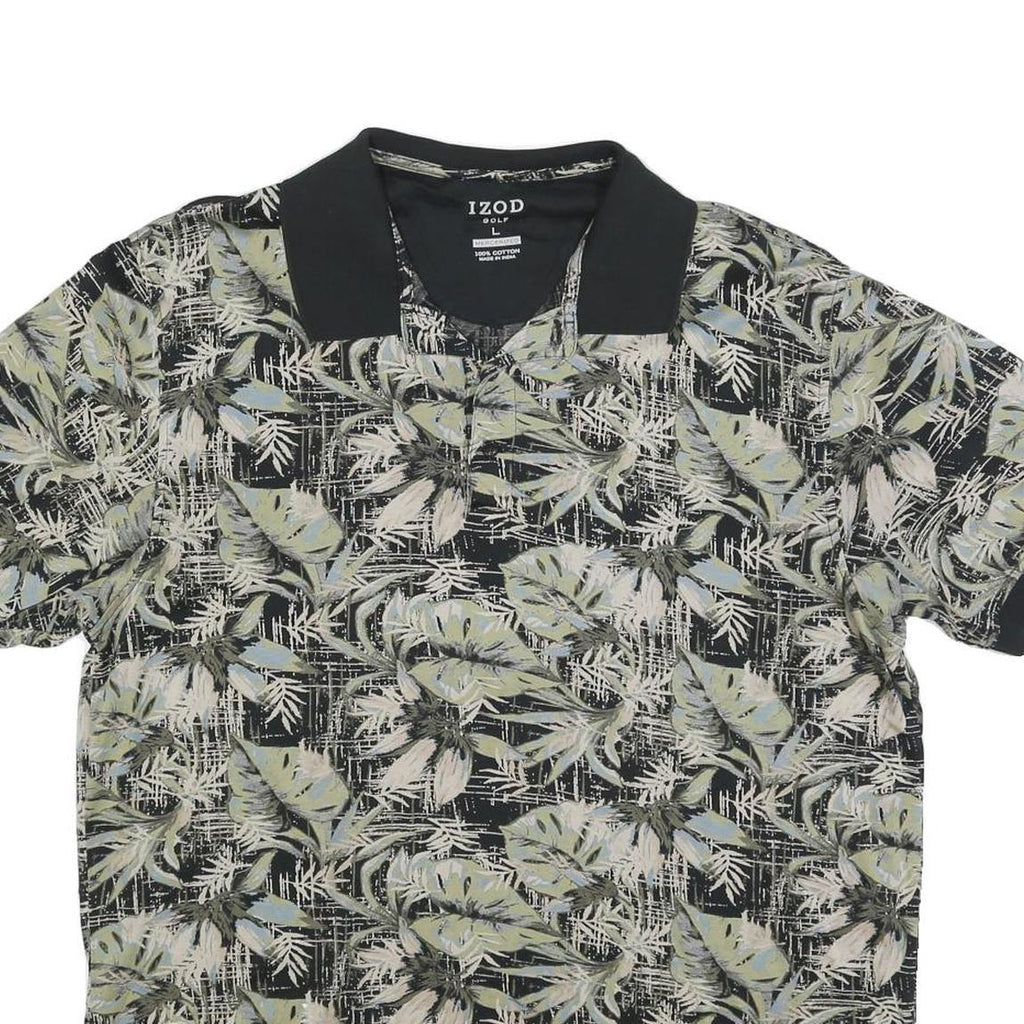 IZOD Mens Black & Grey Tropical Print Short Sleeve Polo Shirt L Casual Golf