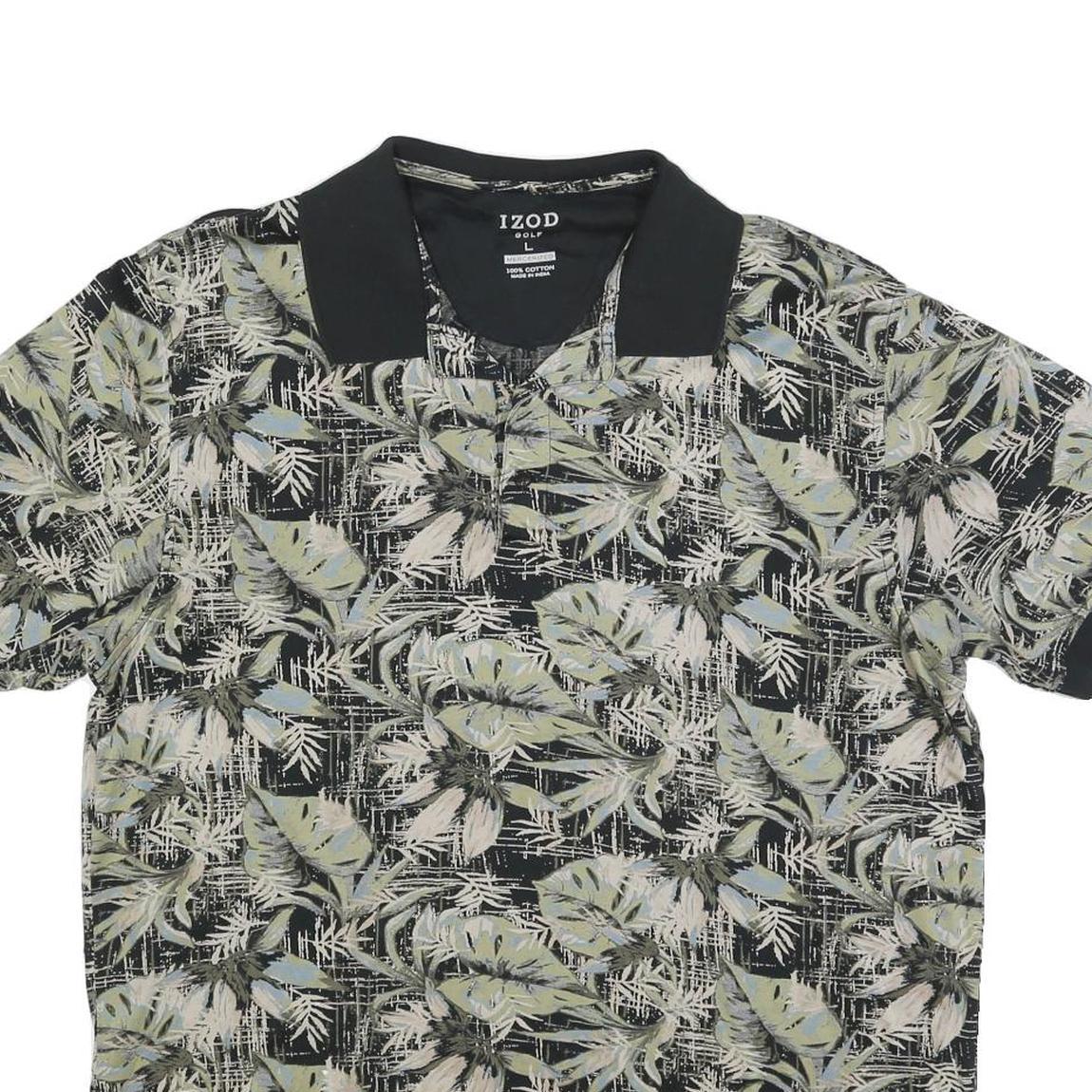 IZOD Mens Black & Grey Tropical Print Short Sleeve Polo Shirt L Casual Golf