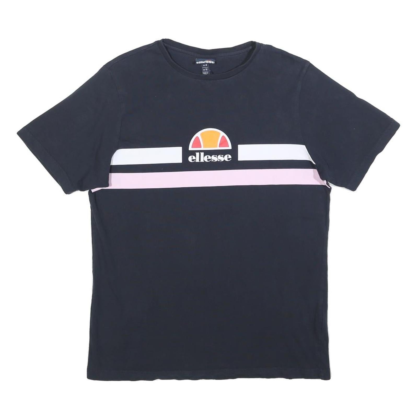 ELLESSE Womens Navy Blue & Pink Graphic T-Shirt UK 12 Short Sleeve Crew Neck