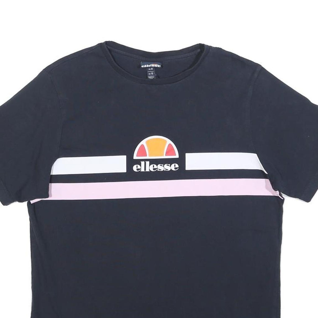 ELLESSE Womens Navy Blue & Pink Graphic T-Shirt UK 12 Short Sleeve Crew Neck