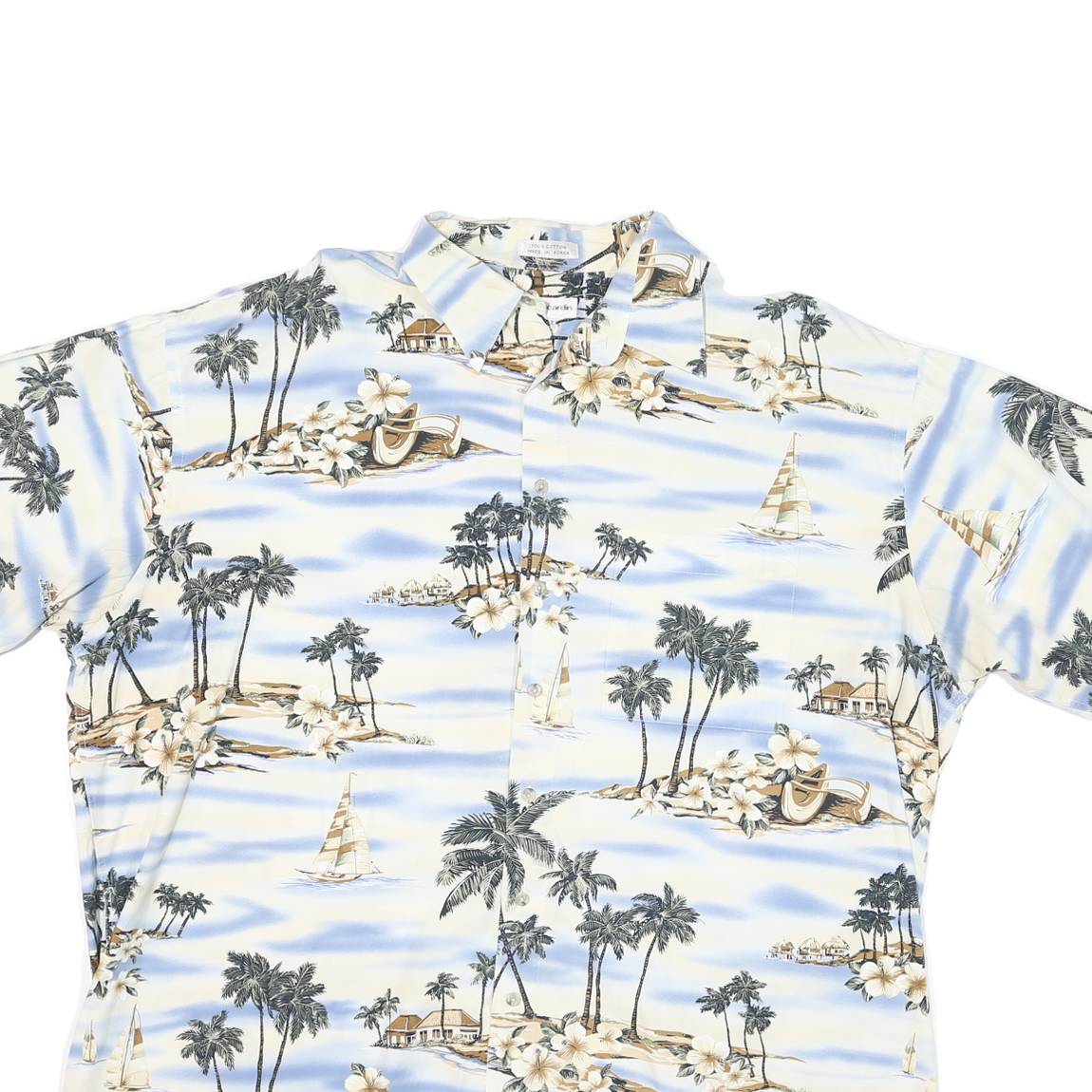 PIERRE CARDIN Mens White Blue Tropical Print Shirt 2XL Cotton Blend Casual