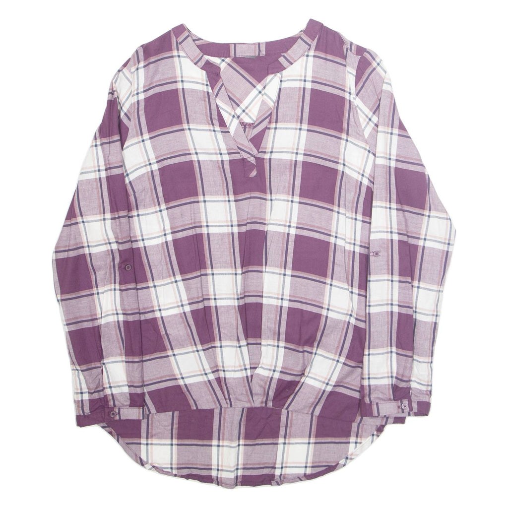 Womens Printed Blouse Purple V-Neck Long Sleeve Plaid L