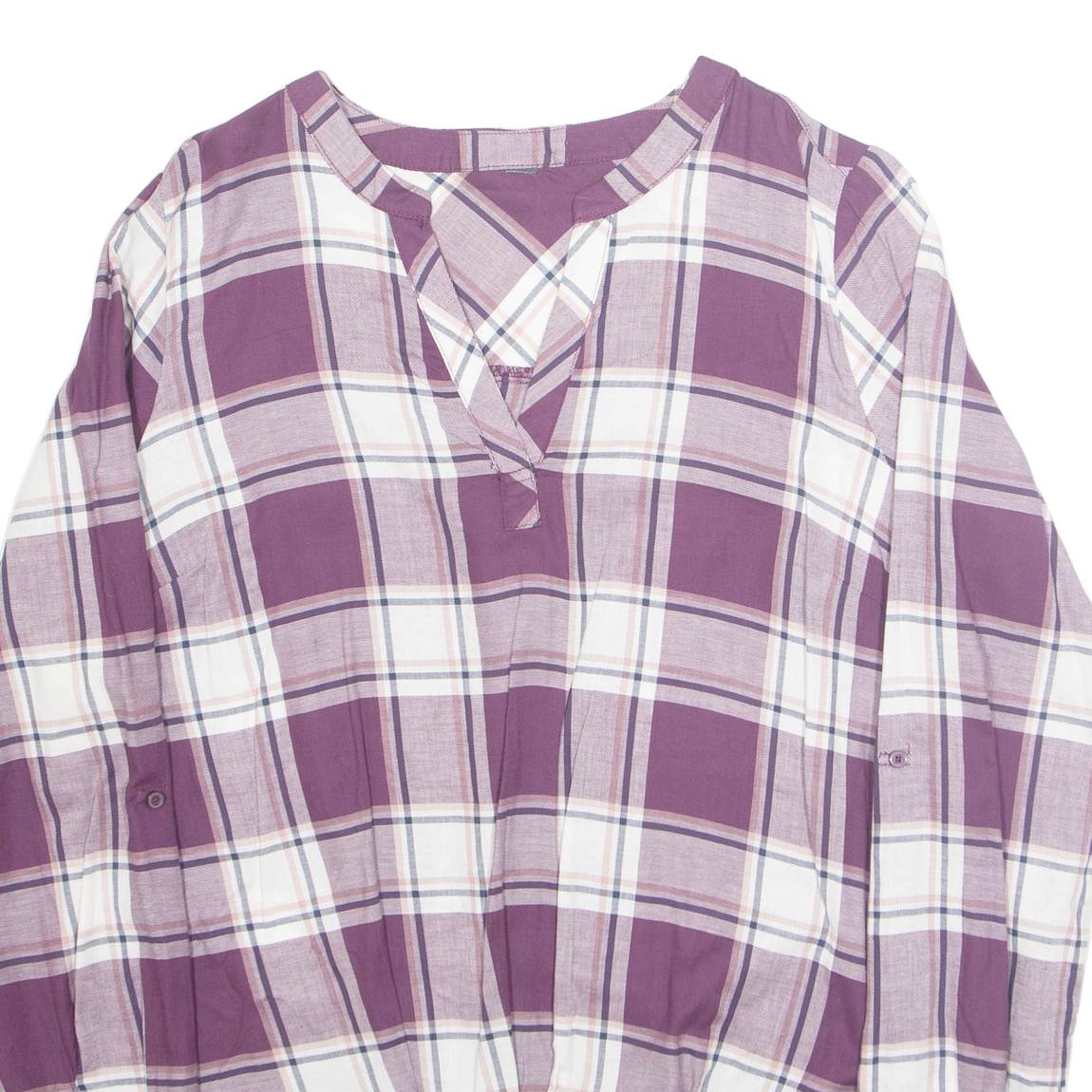 Womens Printed Blouse Purple V-Neck Long Sleeve Plaid L