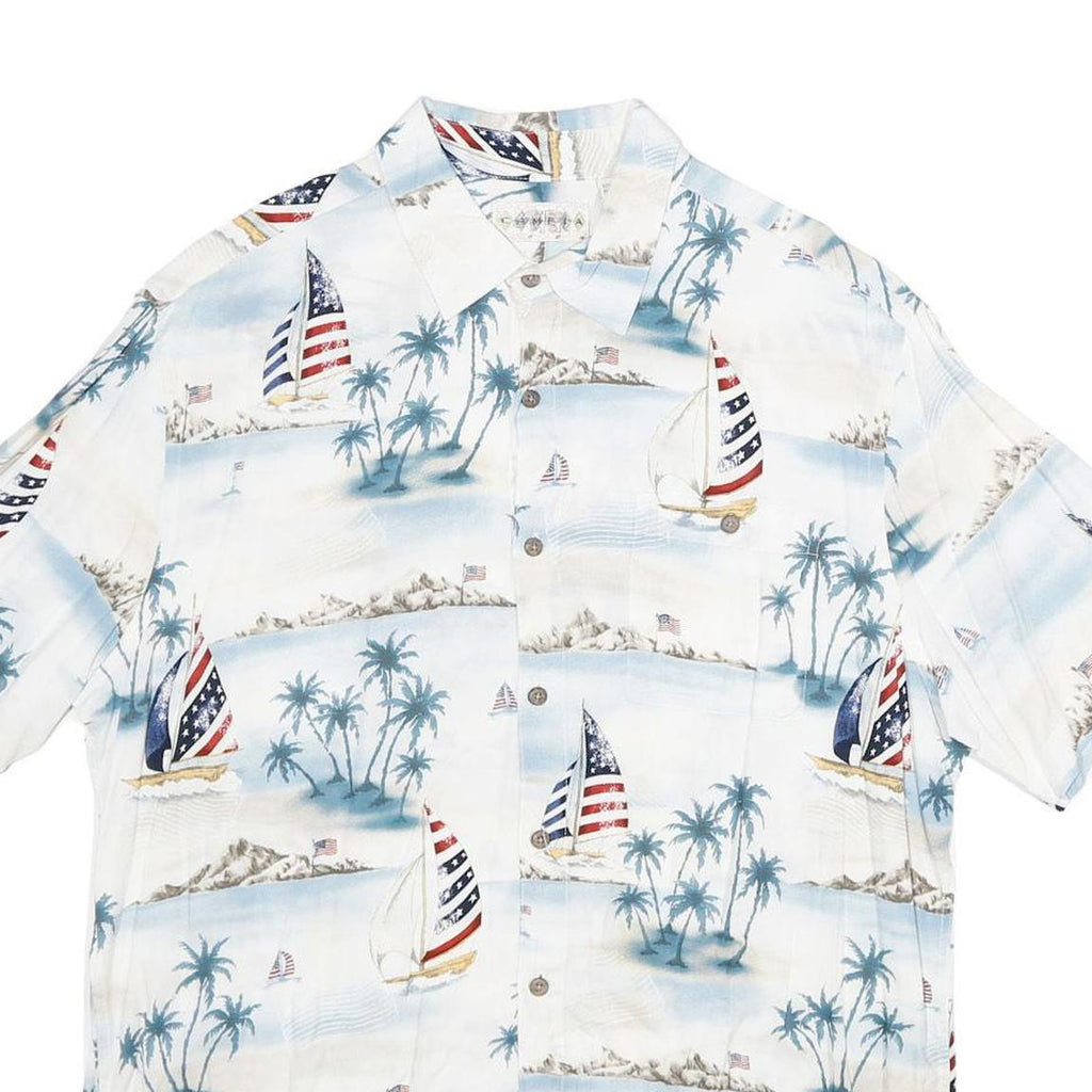 CAMPIA MODA Mens White Blue Sailboat Print Rayon Shirt M Summer Vacation Style