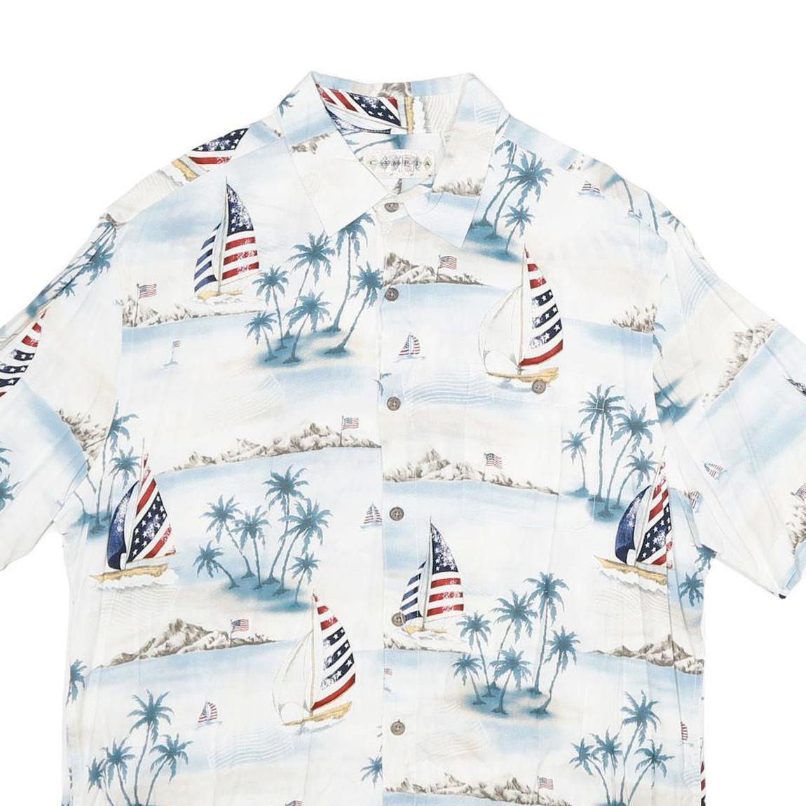 CAMPIA MODA Mens White Blue Sailboat Print Rayon Shirt M Summer Vacation Style
