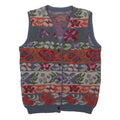 Womens Blue Red Floral Pattern Button Up Knit Vest Jumper M Casual Stylish