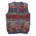 Womens Blue Red Floral Pattern Button Up Knit Vest Jumper M Casual Stylish