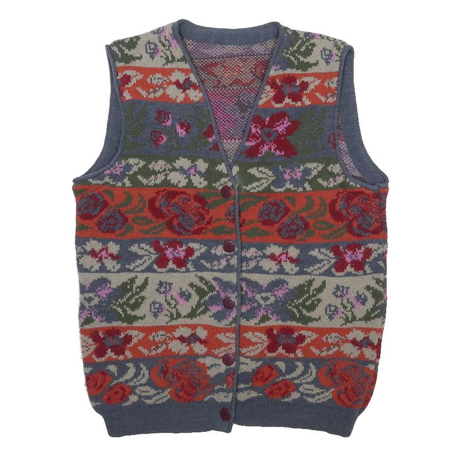 Womens Blue Red Floral Pattern Button Up Knit Vest Jumper M Casual Stylish