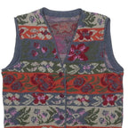 Womens Blue Red Floral Pattern Button Up Knit Vest Jumper M Casual Stylish