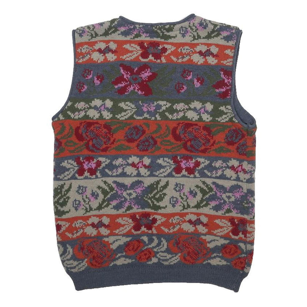 Womens Blue Red Floral Pattern Button Up Knit Vest Jumper M Casual Stylish